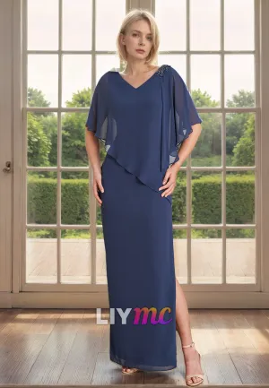 V-Neck Short Sleeves Chiffon Mother of Bride Dress Cocktail Dress
