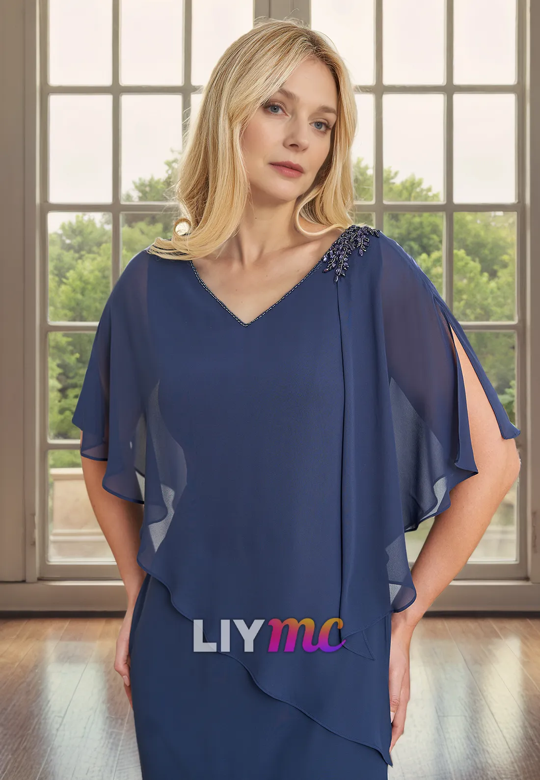 V-Neck Short Sleeves Chiffon Mother of Bride Dress Cocktail Dress